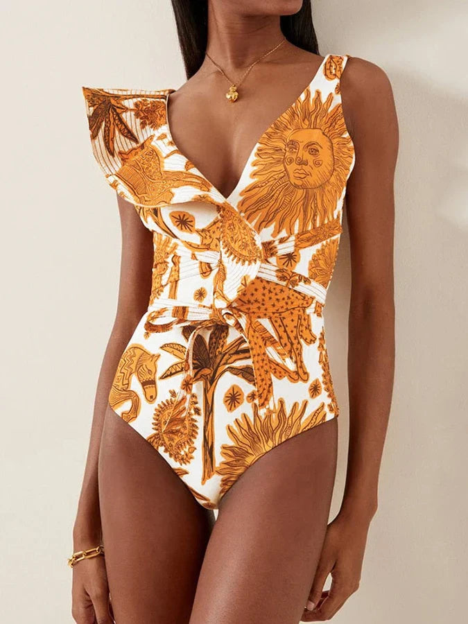 Yellow Sun Pattern V Neck One Piece Swimsuit