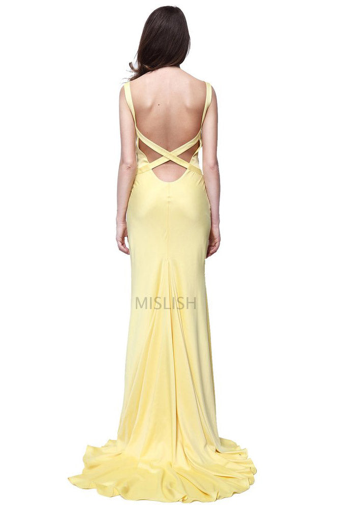 Satin Plunge-Neck Sleeveless Backless Maxi Gown