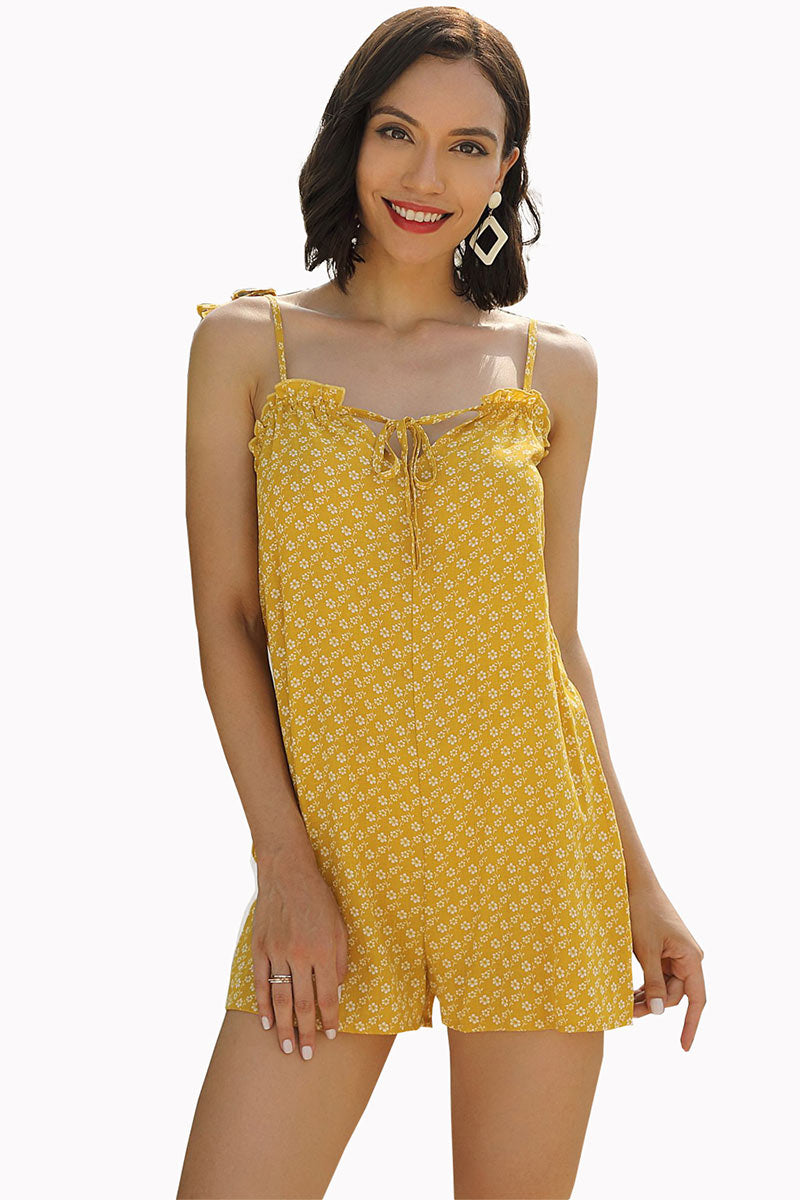 Yellow Floral Knot Strap Backless Romper