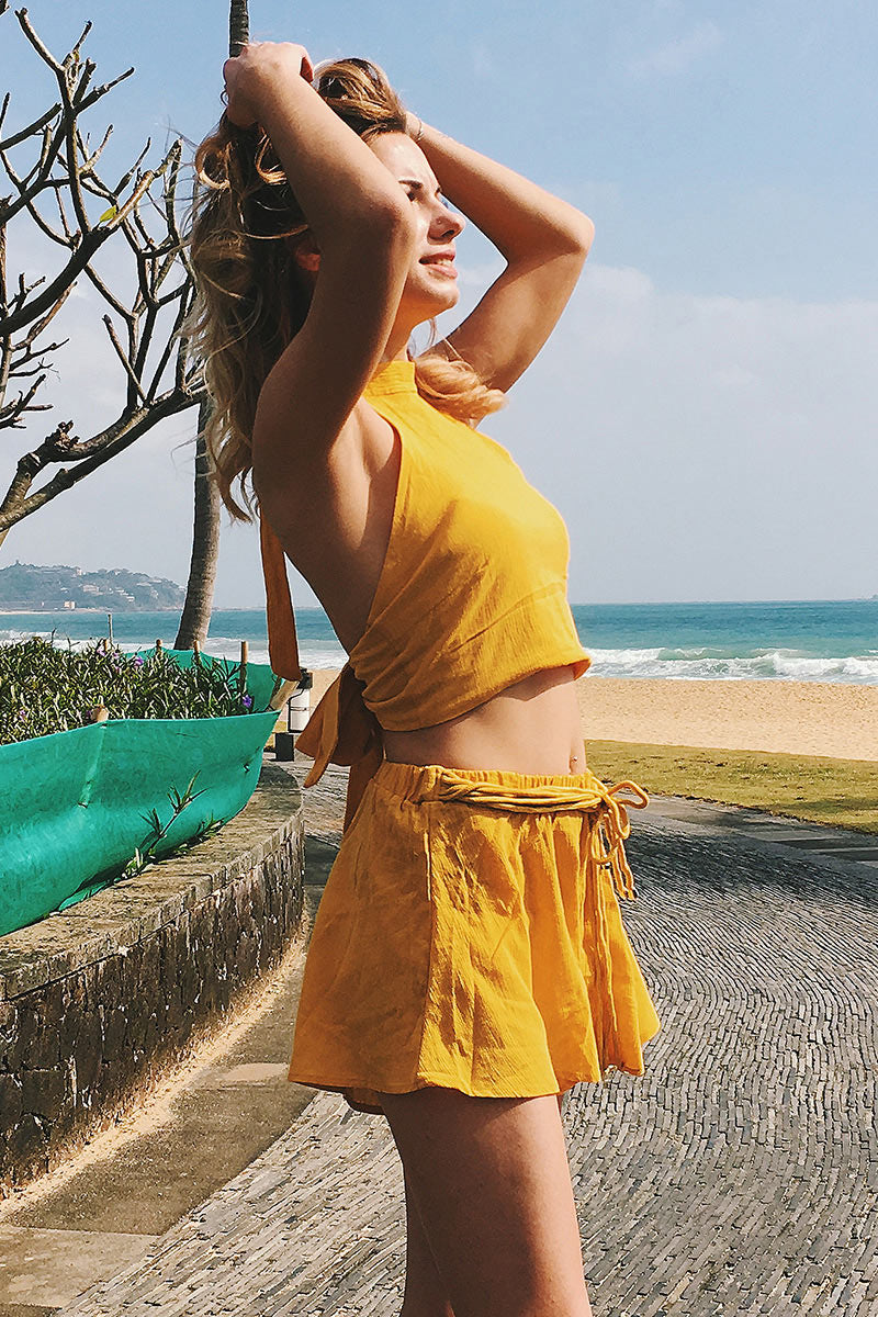 Yellow Halter&Lace-up Backless Crop Two Piece Sets