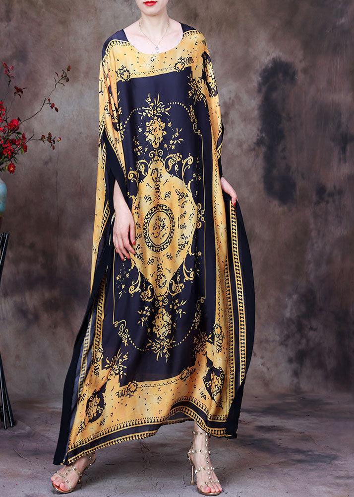 Baroque Medallion Print Round Neck Cape Sleeve Side Maxi Dress