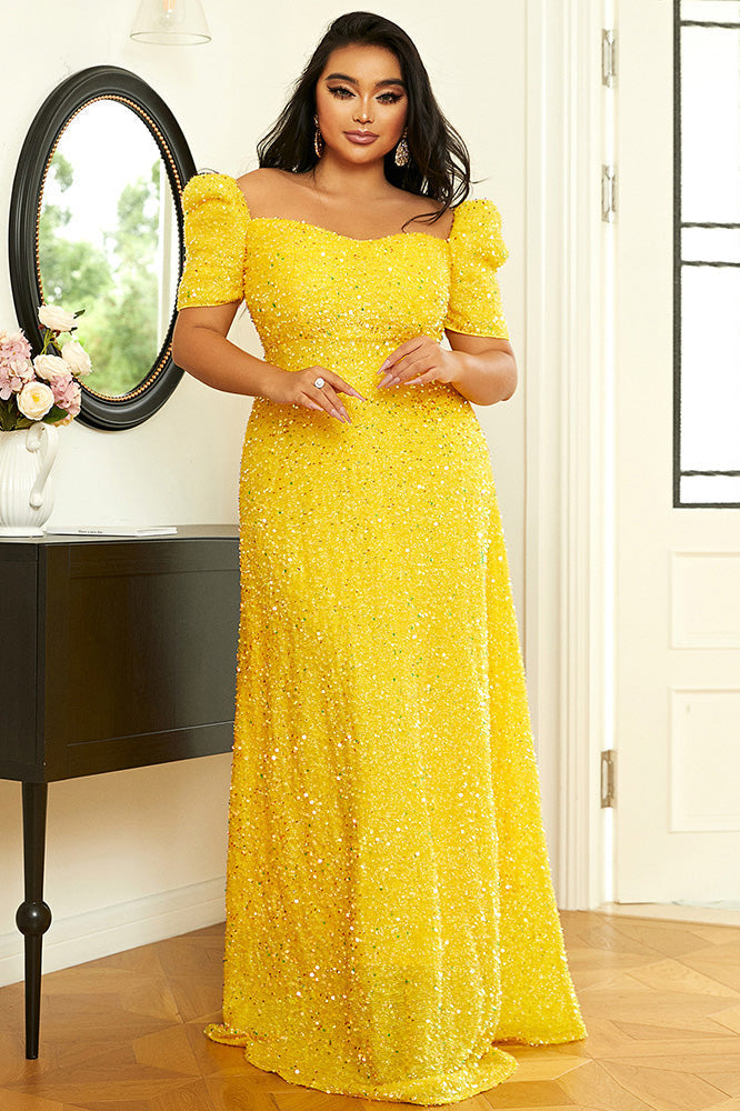 Yellow A-Line Plus Size Prom Gown Evening Dress Fashionpara