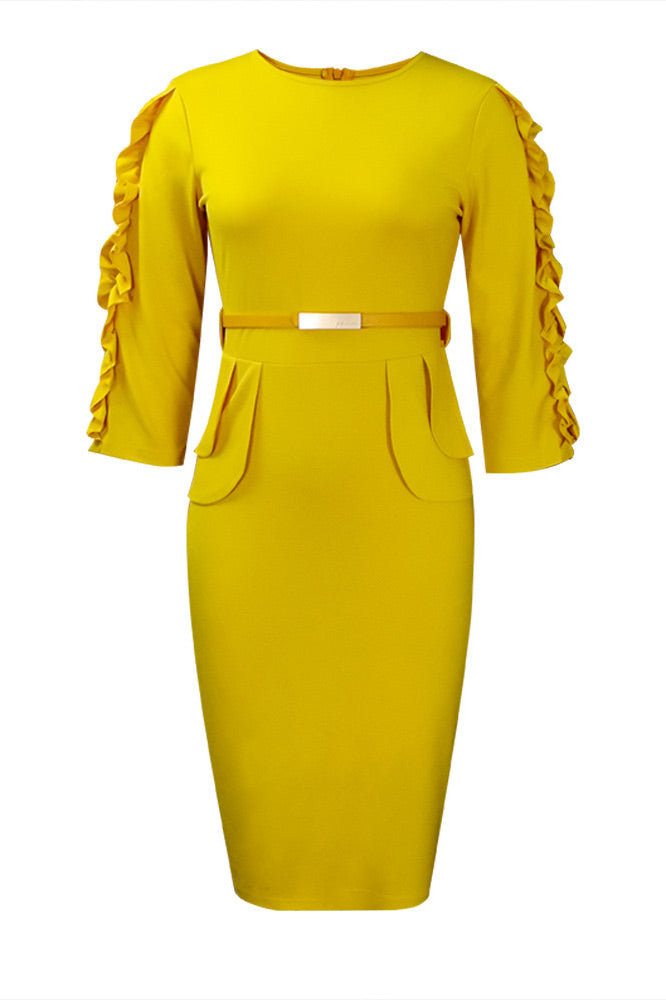 Yellow Half Sleeves Bodycon Midi Office Dress Fashionpara