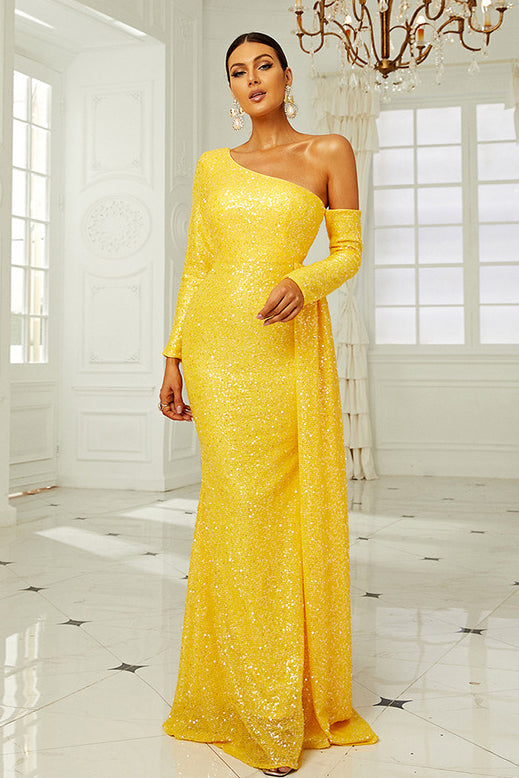 Yellow Long Sleeve Formal Gown Evening Prom Dress  Fashionpara
