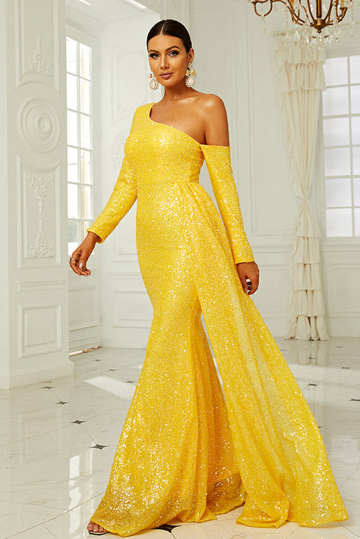 Yellow Long Sleeve Formal Gown Evening Prom Dress  Fashionpara