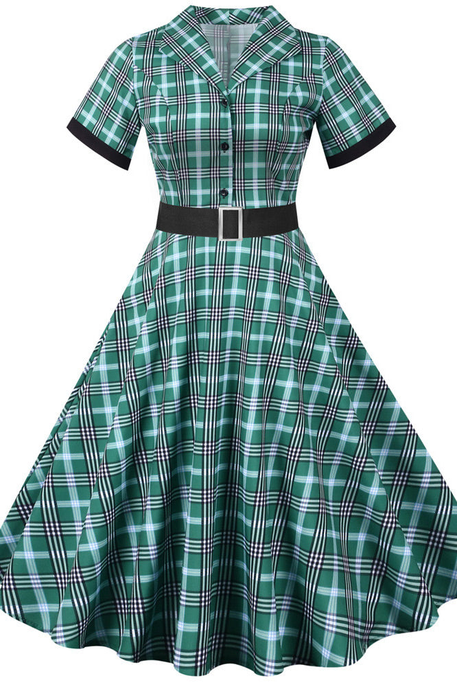 Yellow Midi Plaid Short Sleeve Swing Dress Fashionpara