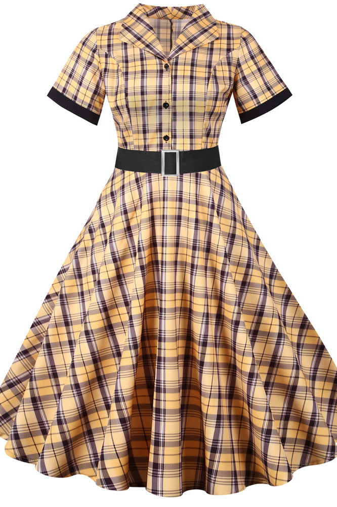 Yellow Midi Plaid Short Sleeve Swing Dress Fashionpara
