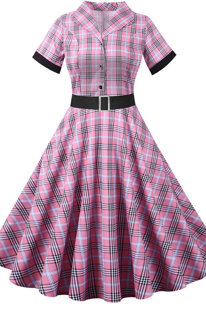 Yellow Midi Plaid Short Sleeve Swing Dress Fashionpara