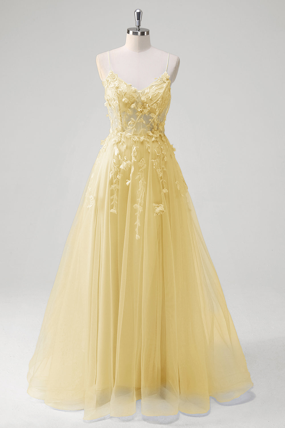 Blue A Line Spaghetti Straps Appliqued Corset Long Prom Dress With Tulle