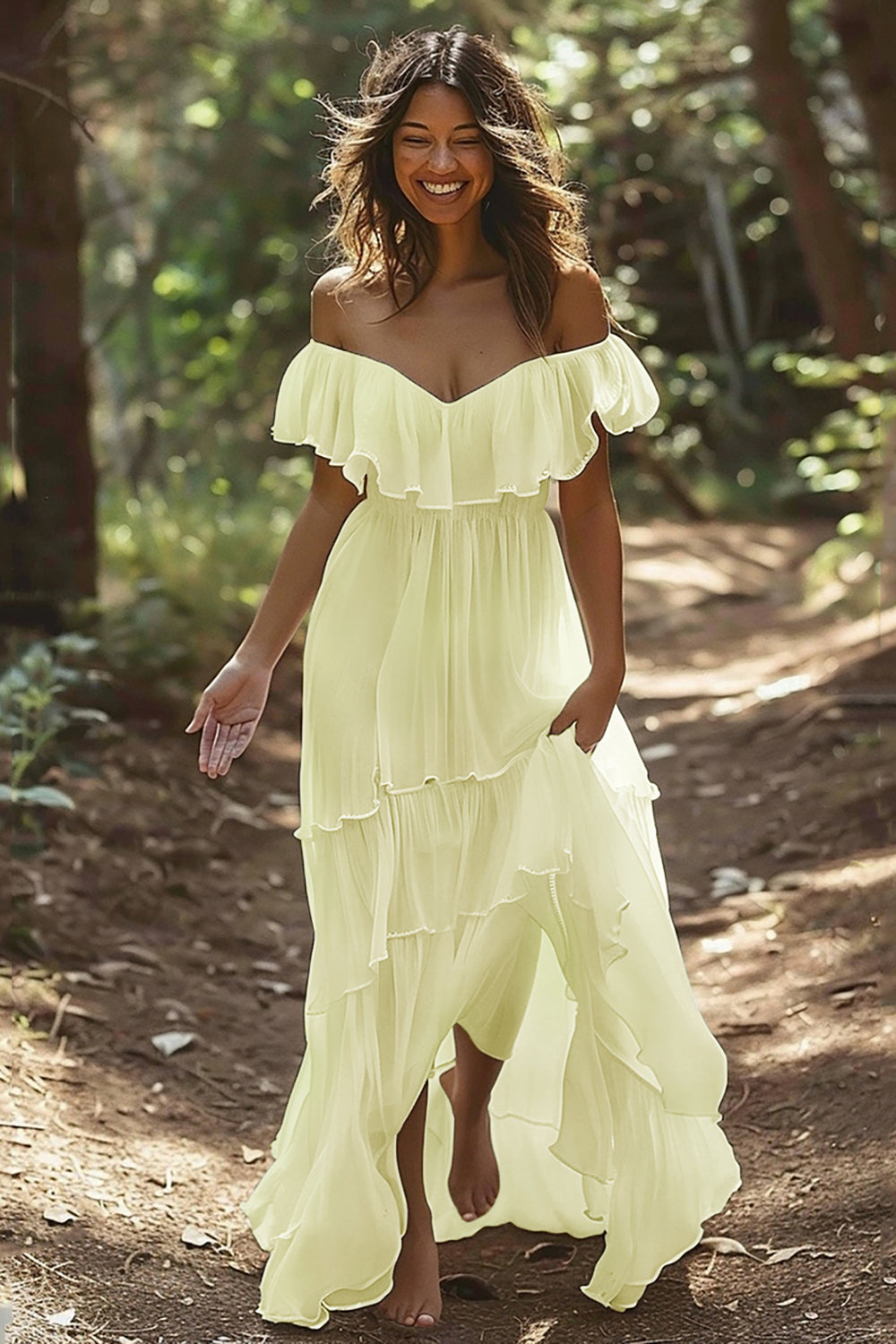 White Chiffon Off the Shoulder Tiered Boho Sweep Train Wedding Dress