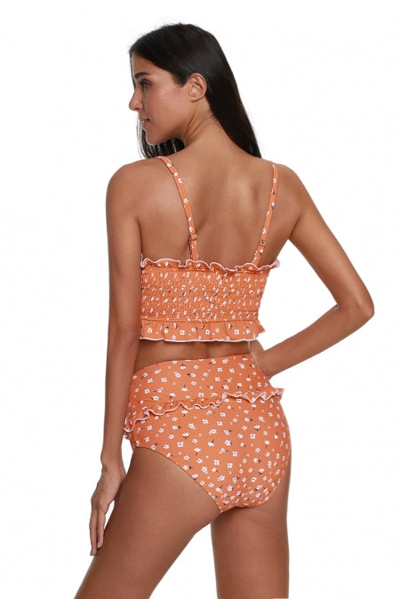 Orange Floral Smocked Crop Top and High Waist Swimwear