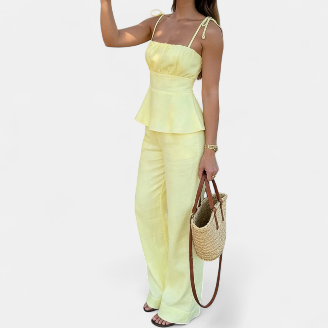 Square Neck Peplum Cami and Wide Leg Pants Two Piece Set