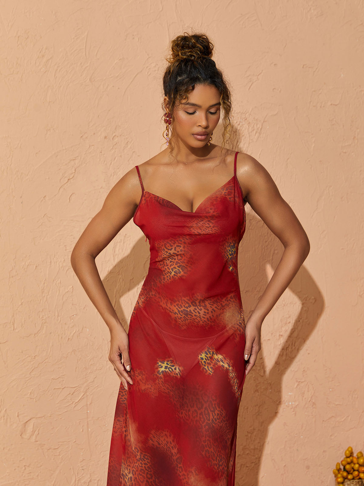 Yumiko Spaghetti Leopard Printed Maxi Dress In Red