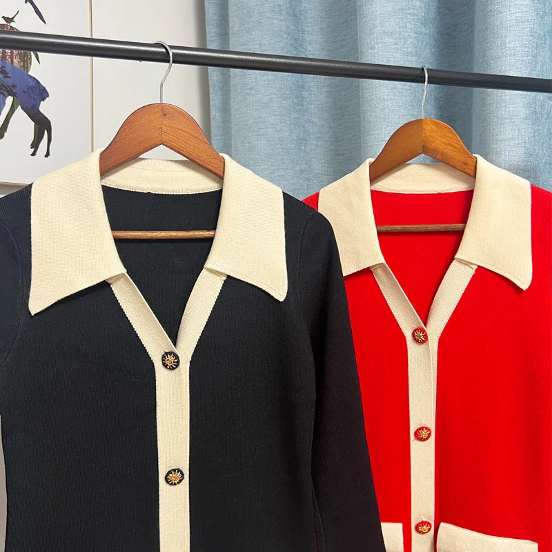 Knitted Turn-down Collar Red Black Christmas Party Dress - Fashionpara