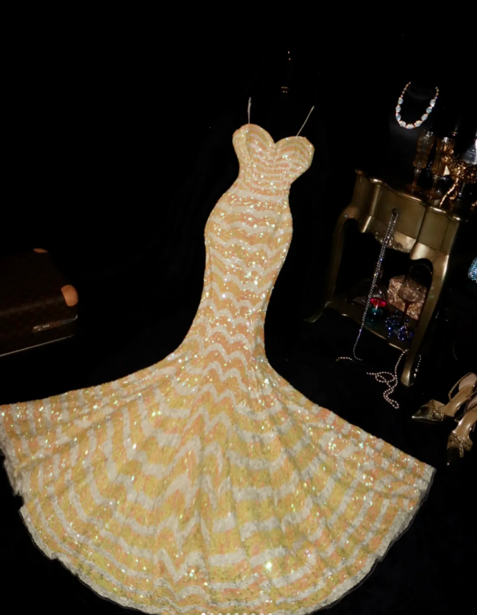 Unique Spaghetti Straps Yellow Sequin Mermaid Long Party Dress Evening Dress D932