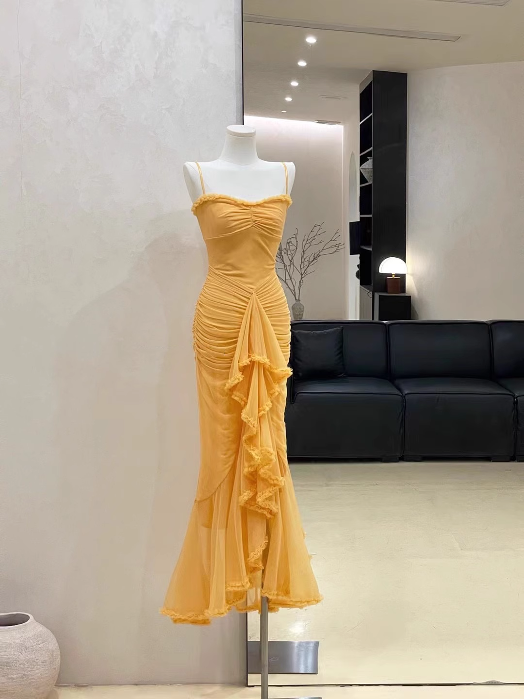 Sexy Spaghetti Straps Chiffon Pleated Mermaid Party Dress Yellow Birthday Dress S288