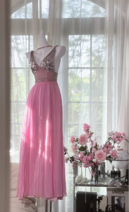 Classy Pink V Neck Chiffon Sequin A Line Long Party Dress Backless Birthday Prom Gown D1554