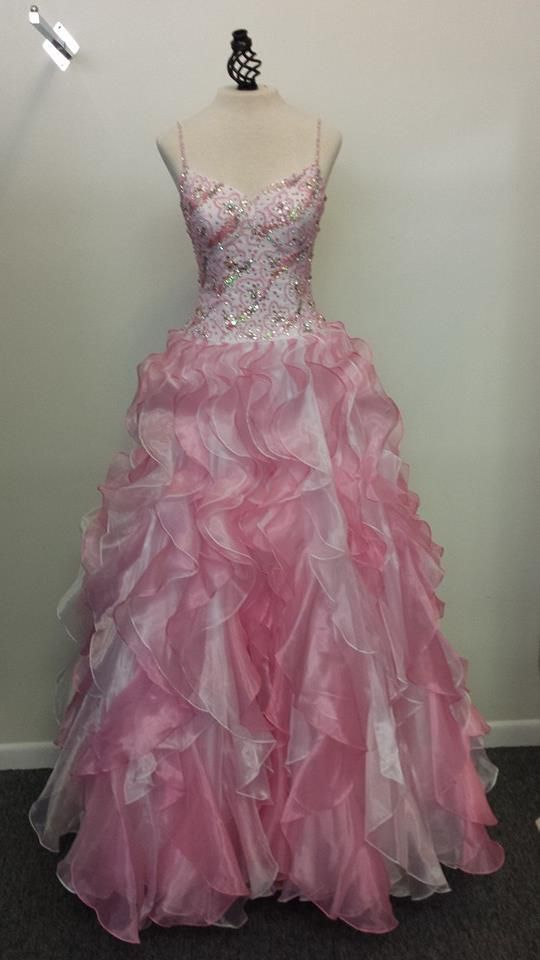 Unique Spaghetti Straps Pink Organza Ruffles Beaded ALine Birthday Party Dress Long Evening Gown D1550