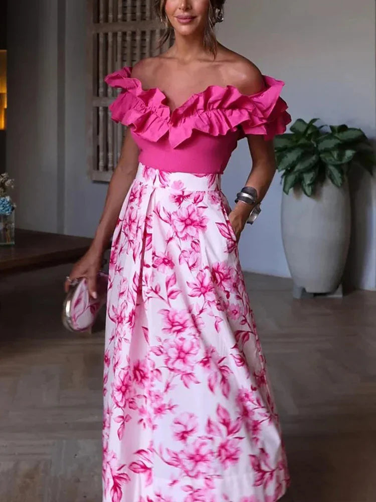 Pink Floral Printed Casual Pleated Skirt High Waist Zip