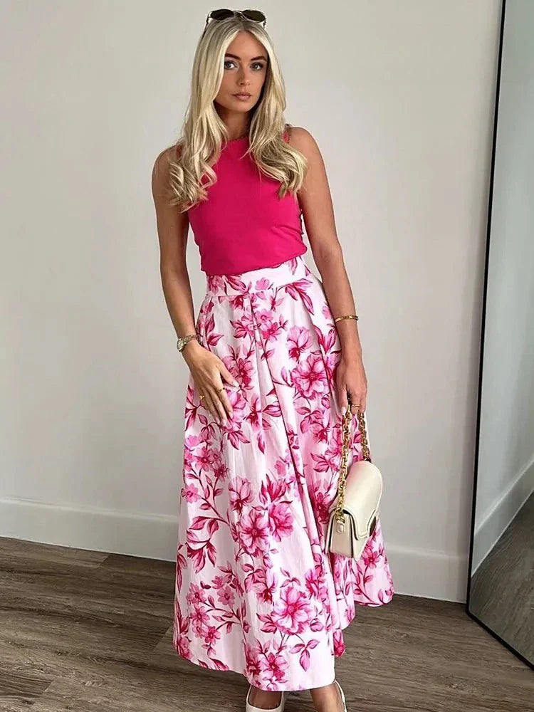 Pink Floral Printed Casual Pleated Skirt High Waist Zip