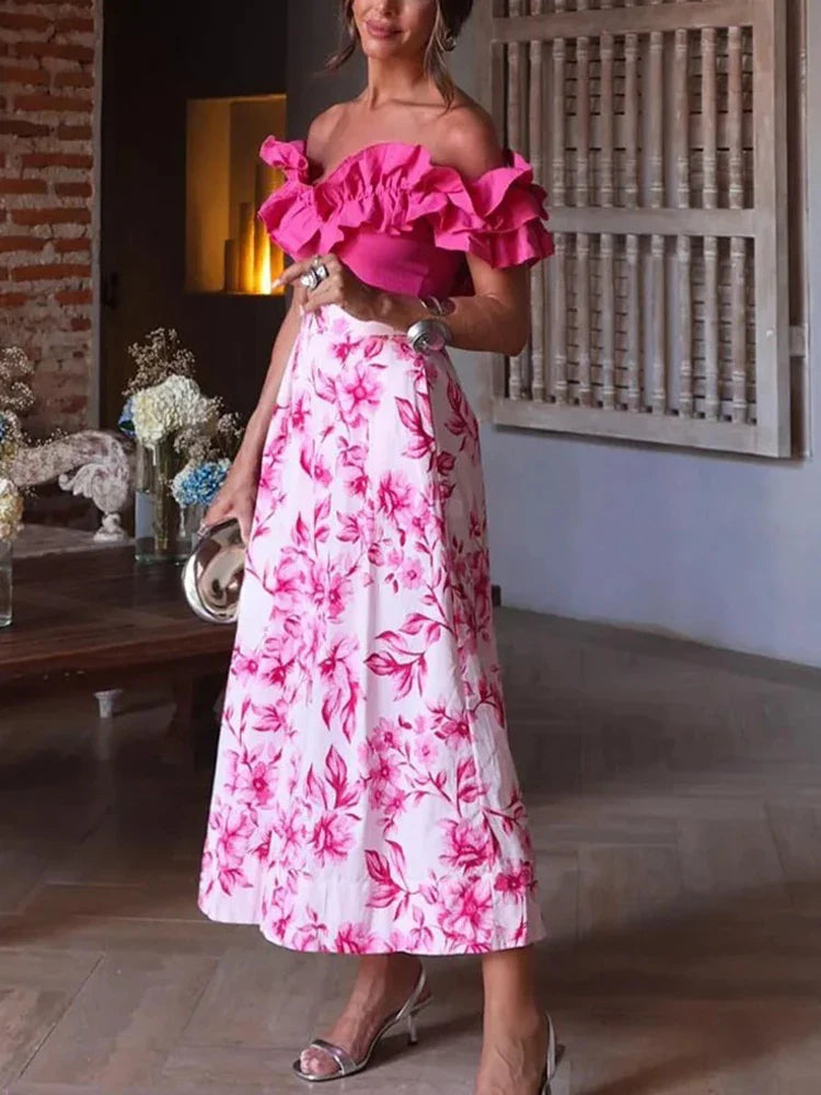 Pink Floral Printed Casual Pleated Skirt High Waist Zip