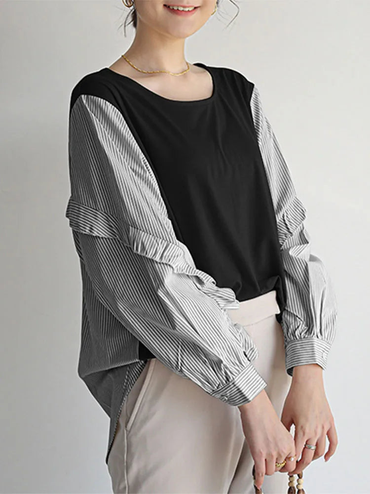 Stripe Patchwork Ruffled Casual Blouse