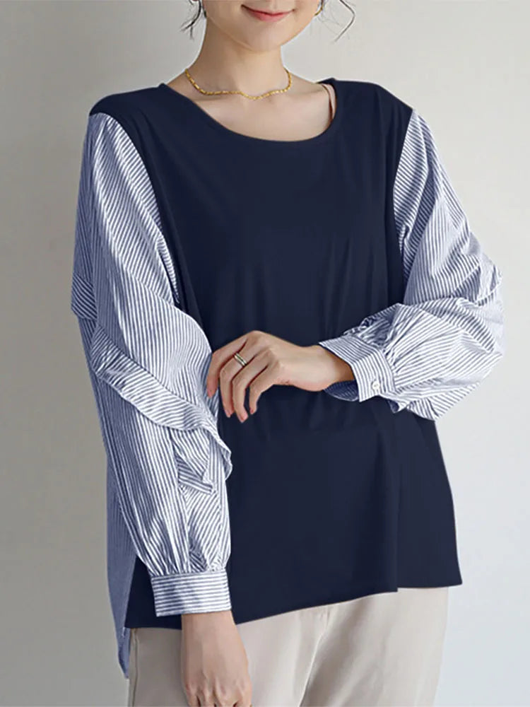 Stripe Patchwork Ruffled Casual Blouse