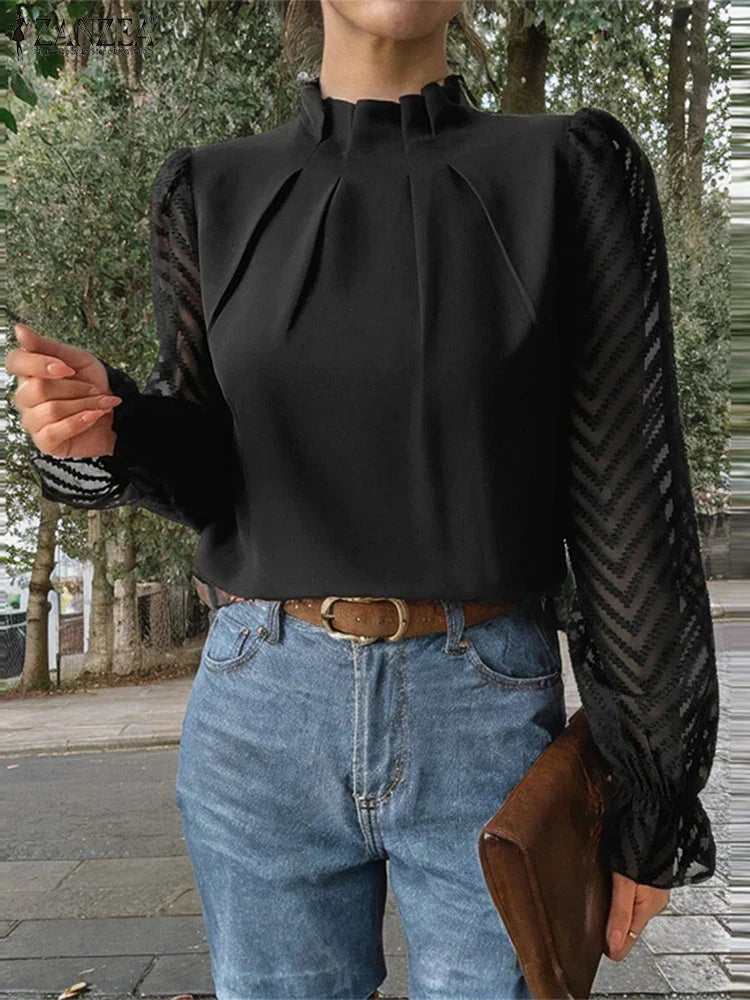 Dot Pleated Mock Neck Long Sleeve Blouse