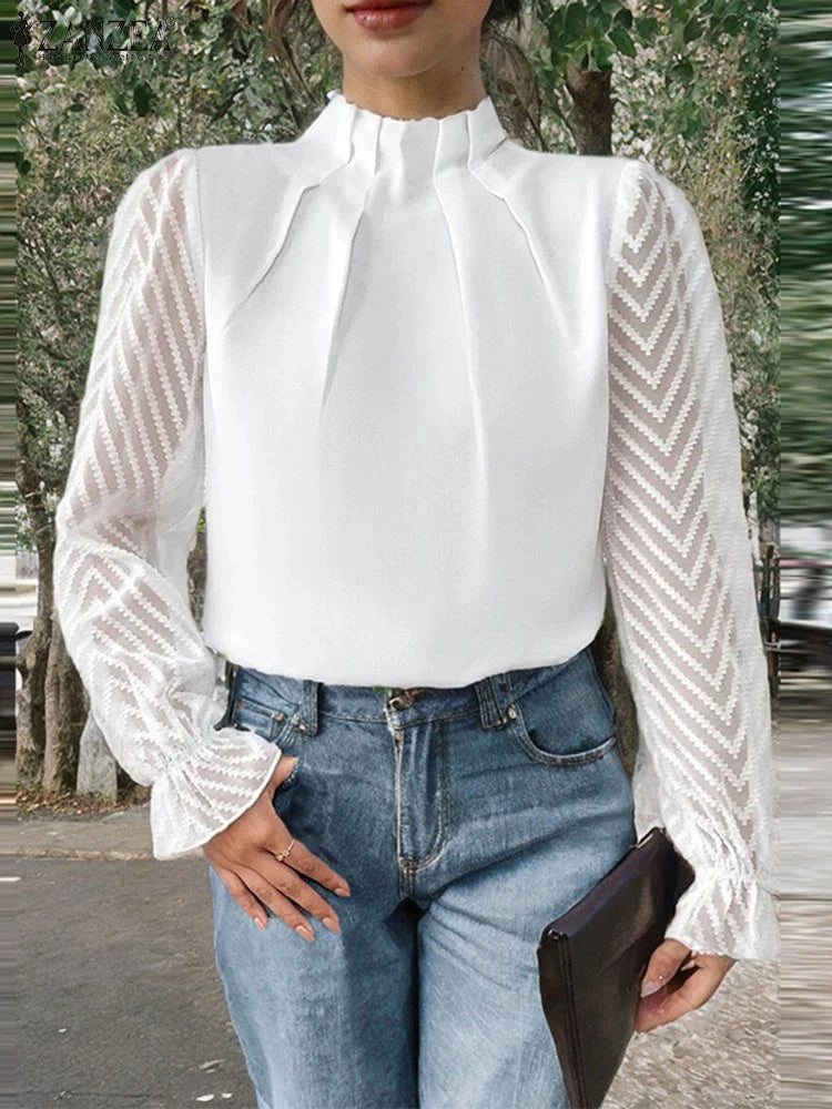 Dot Pleated Mock Neck Long Sleeve Blouse