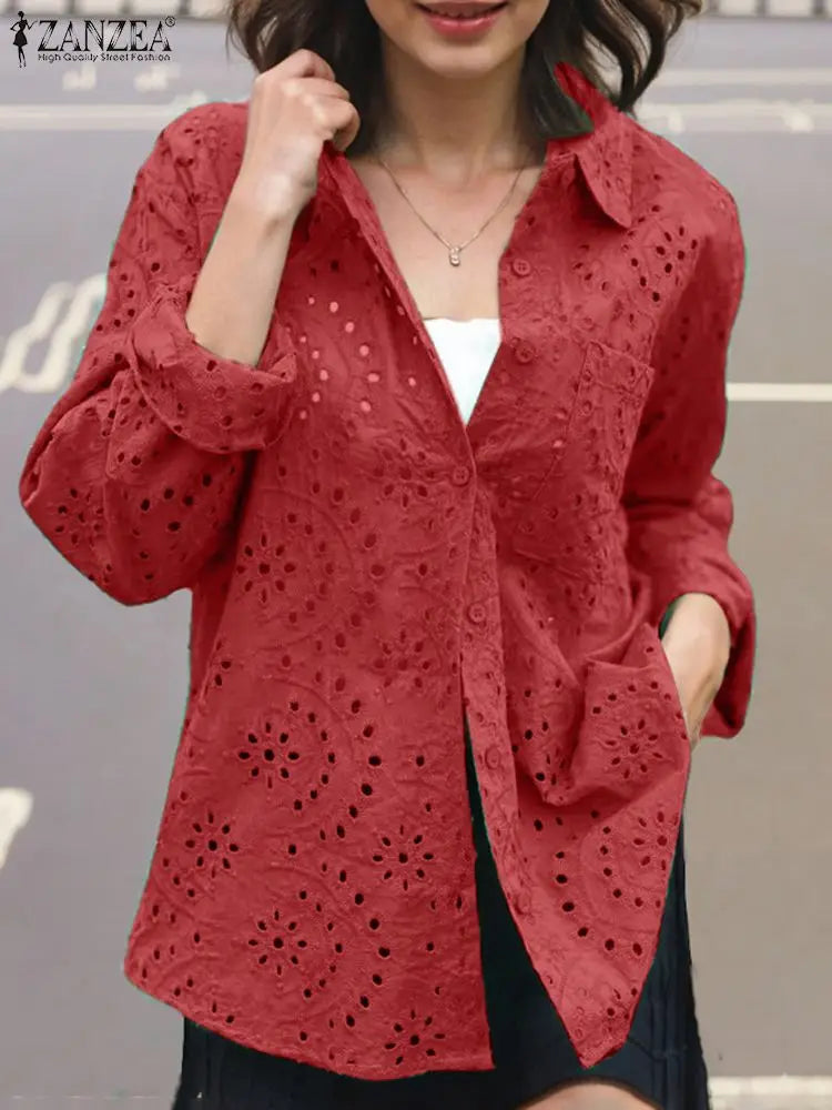 Casual Patchwork Turn-down Collar Embroidered Blouse