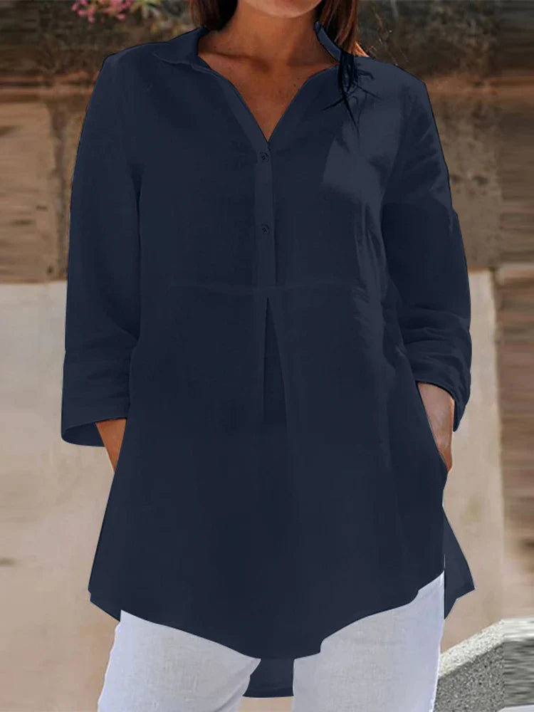 Lapel Neck 3/4 Sleeve Casual Loose Button Blouse