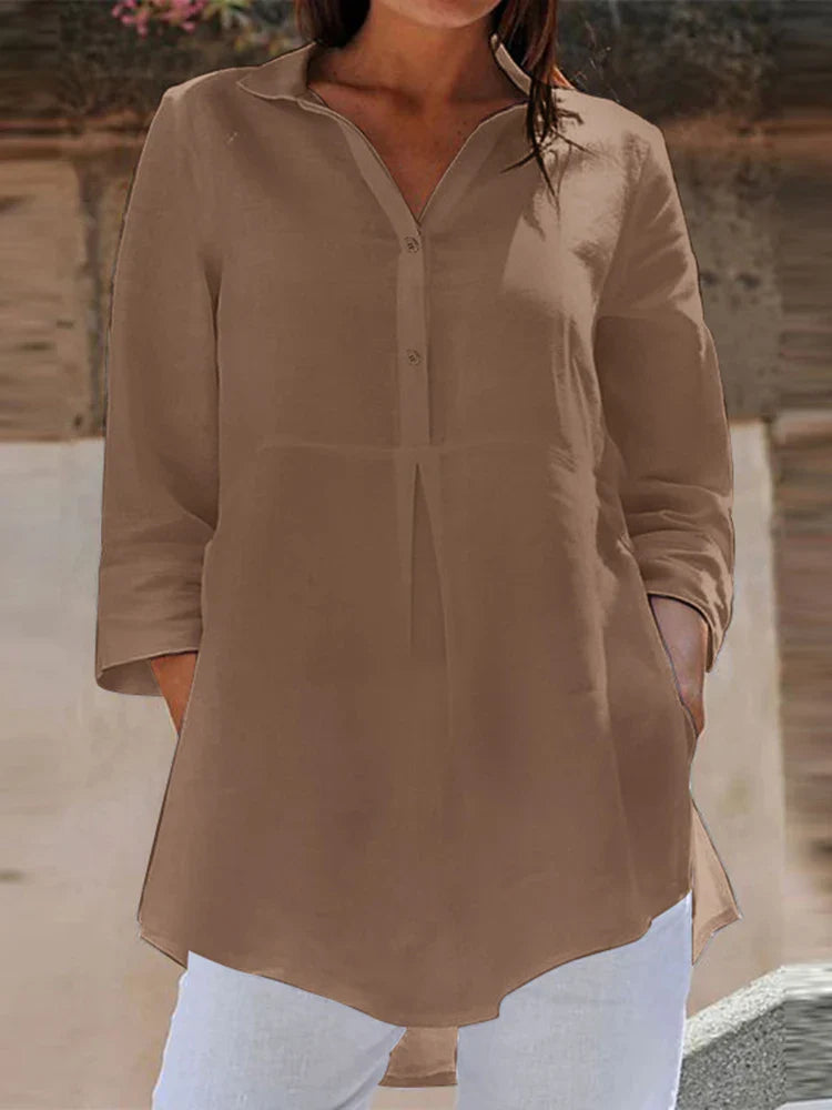 Lapel Neck 3/4 Sleeve Casual Loose Button Blouse