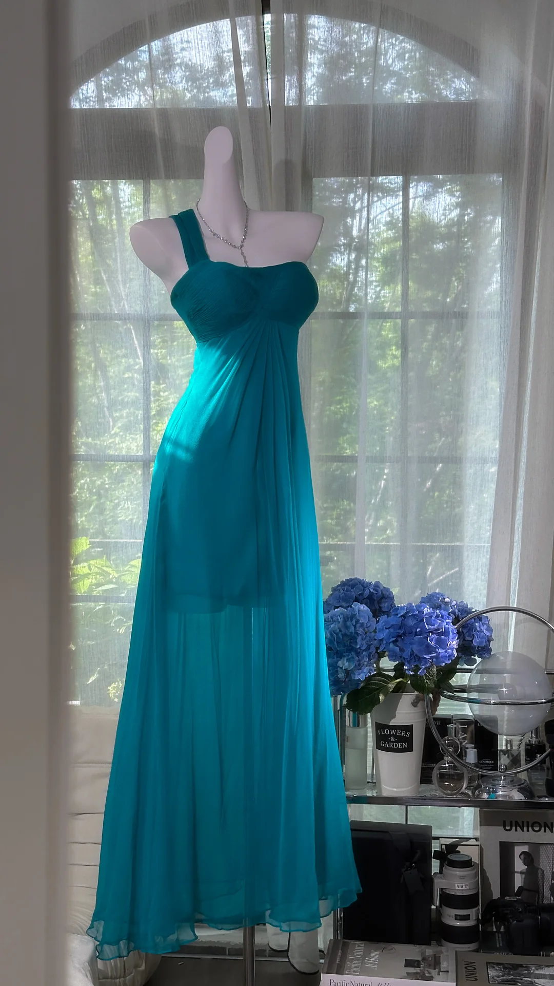 Elegant One Shoulder Blue Chiffon Long Prom Dress Formal Party Gown D869