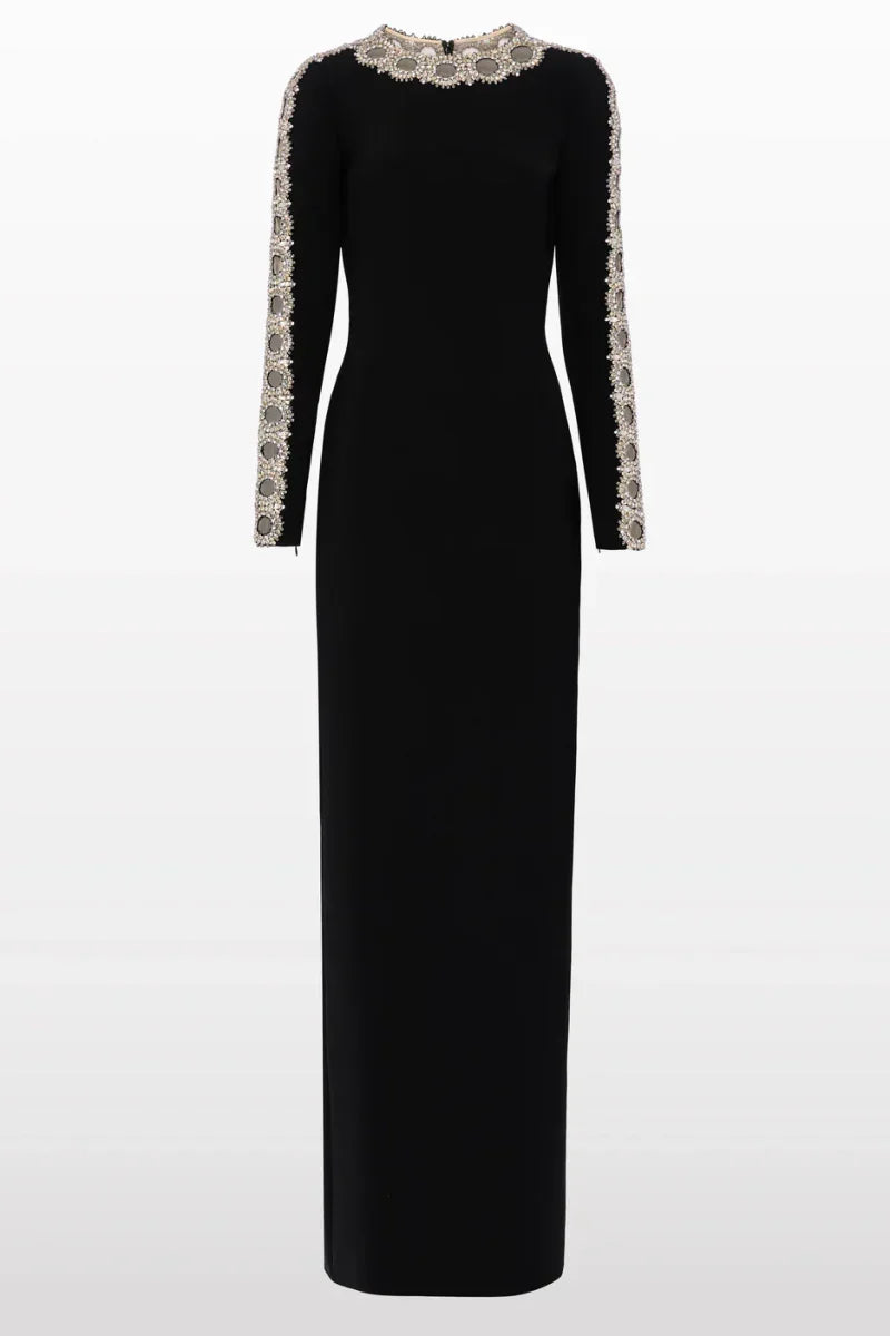 Metallic Openwork Collar Long Sleeve Column Maxi Gown - View 4