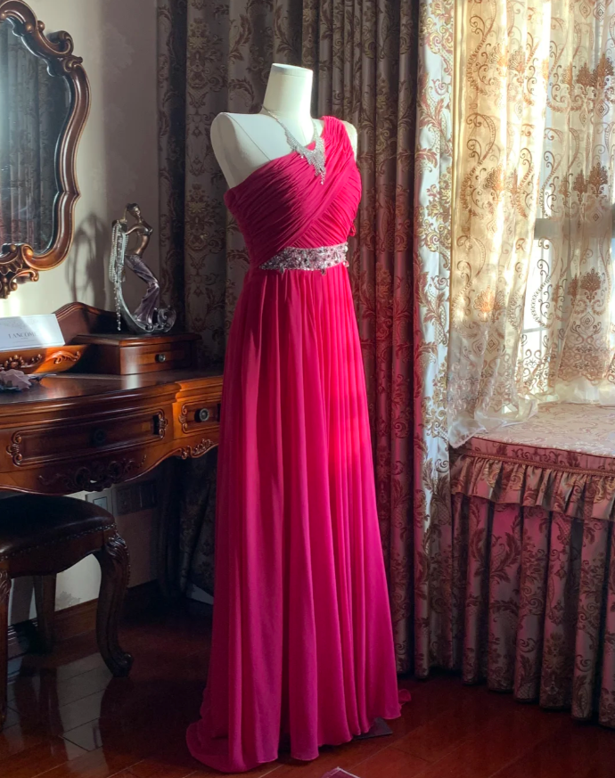 Pretty Rose Red One Shoulder Chiffon Pleated Beaded Evening Dress Long Wedding Guest Dress D1776