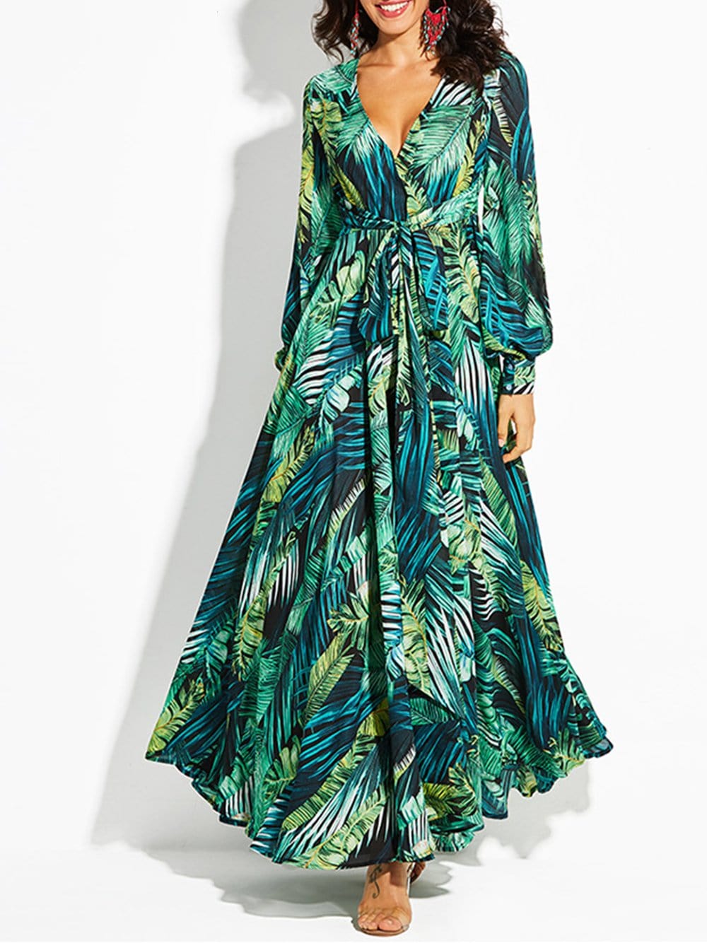 Tropical Leaf Print V-Neck Long Sleeve Maxi Dress 6