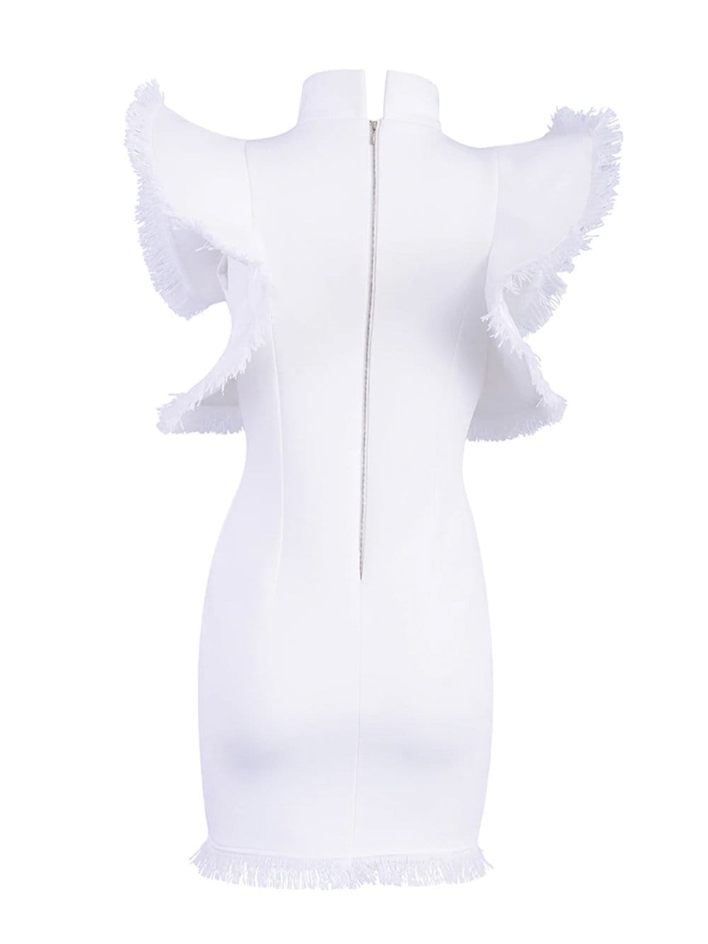 Mock Neck Frayed Ruffle Crystal Trim Bodycon Mini Dress 9
