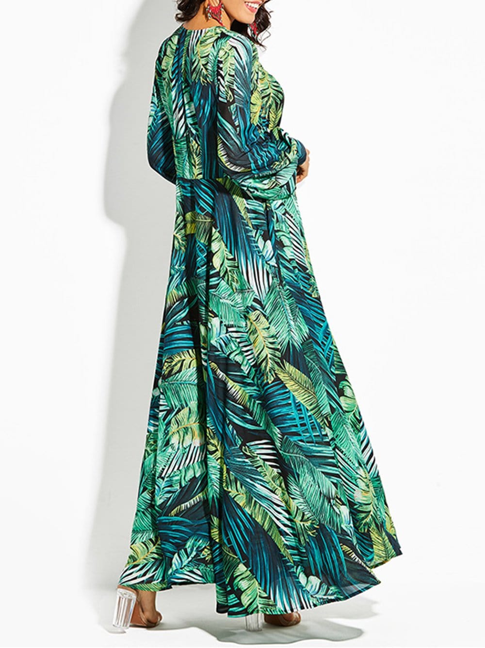 Tropical Leaf Print V-Neck Long Sleeve Maxi Dress 7