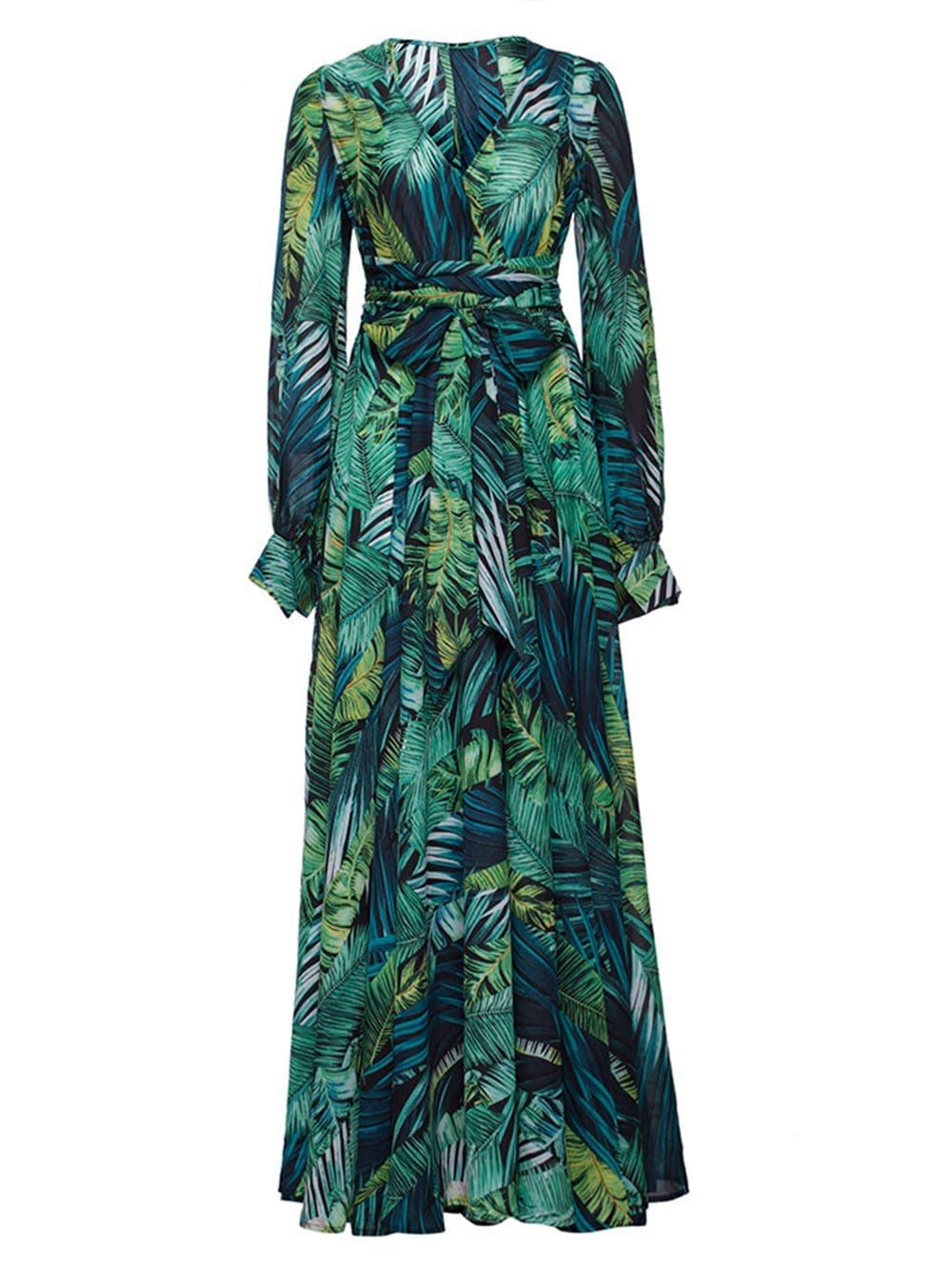 Tropical Leaf Print V-Neck Long Sleeve Maxi Dress