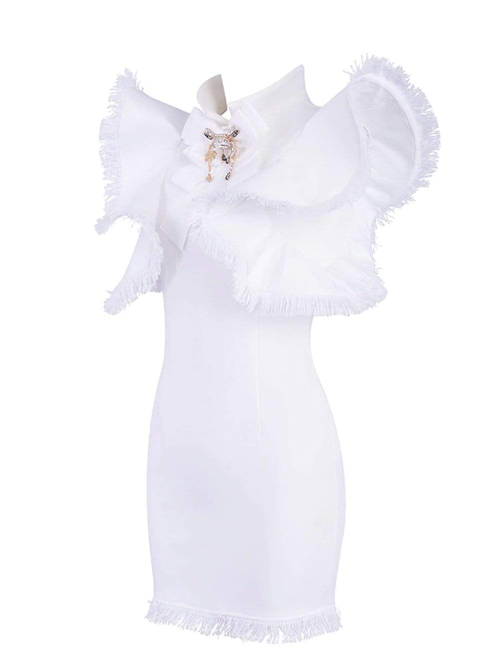 Mock Neck Frayed Ruffle Crystal Trim Bodycon Mini Dress 11