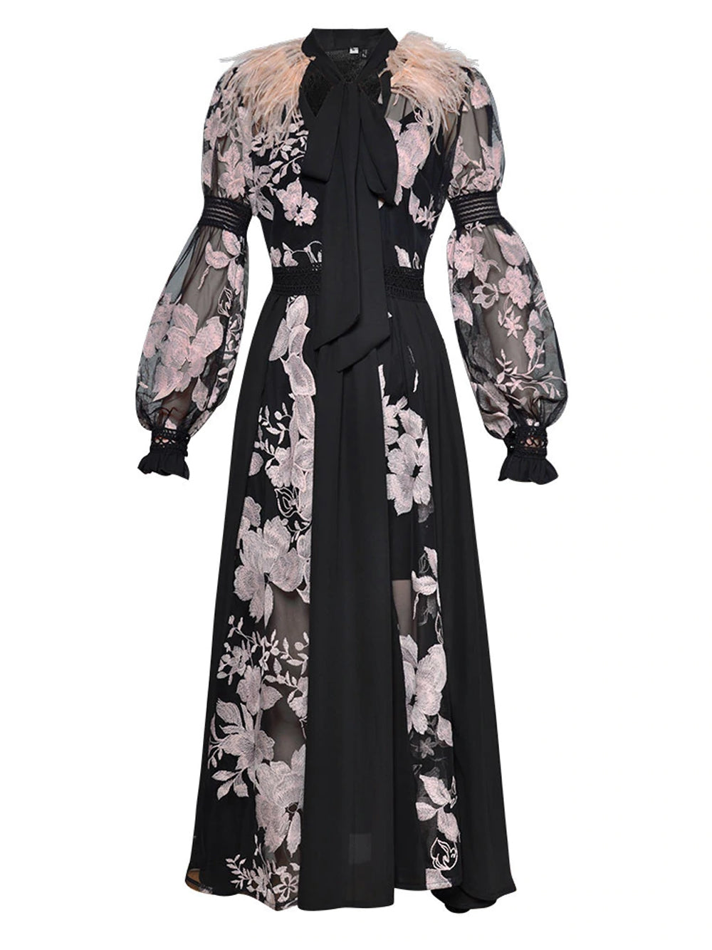 Embroidered Mesh High Neck Long-Sleeve Feather Trim Midi Dress 6
