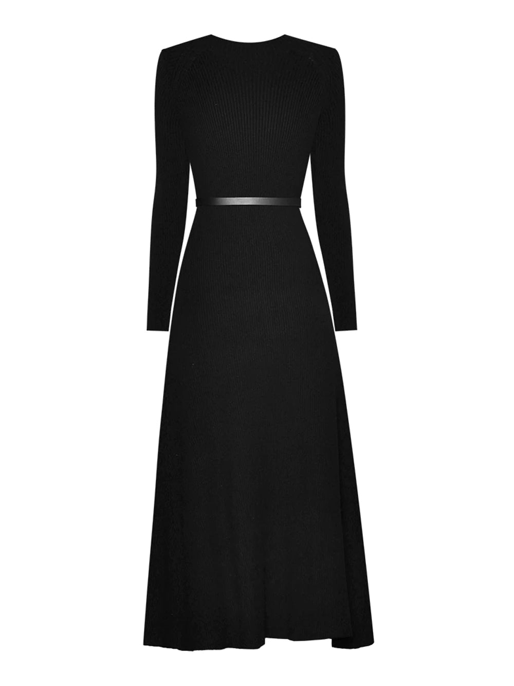 Ribbed-Knit Round-Neck Belted Pleated-Panel Maxi Dress 2