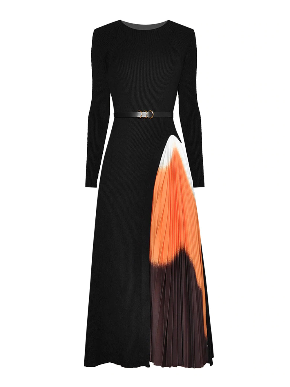 Ribbed-Knit Round-Neck Belted Pleated-Panel Maxi Dress