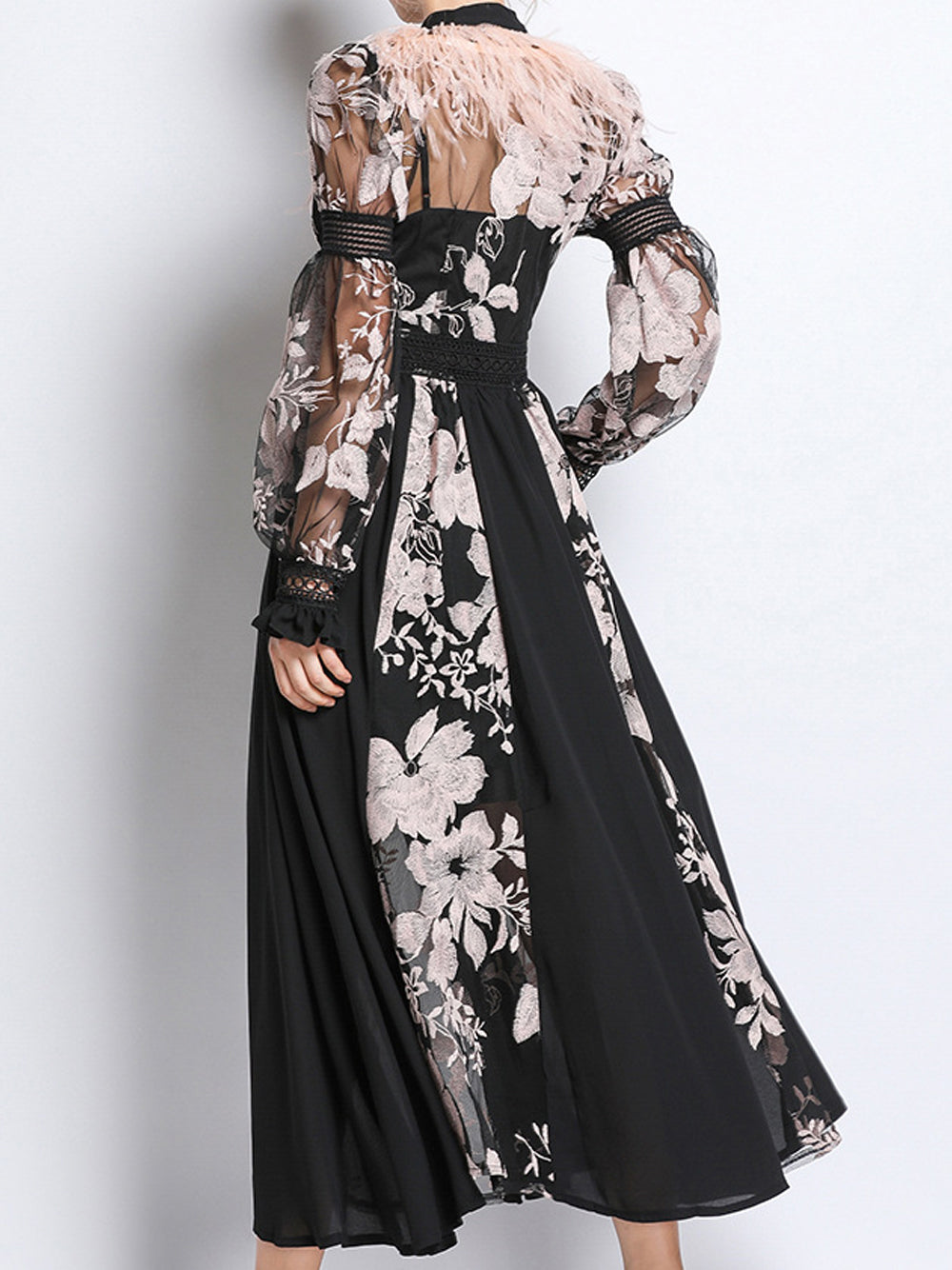 Embroidered Floral Feather Tie-Neck Long Sleeve Midi Dress 6