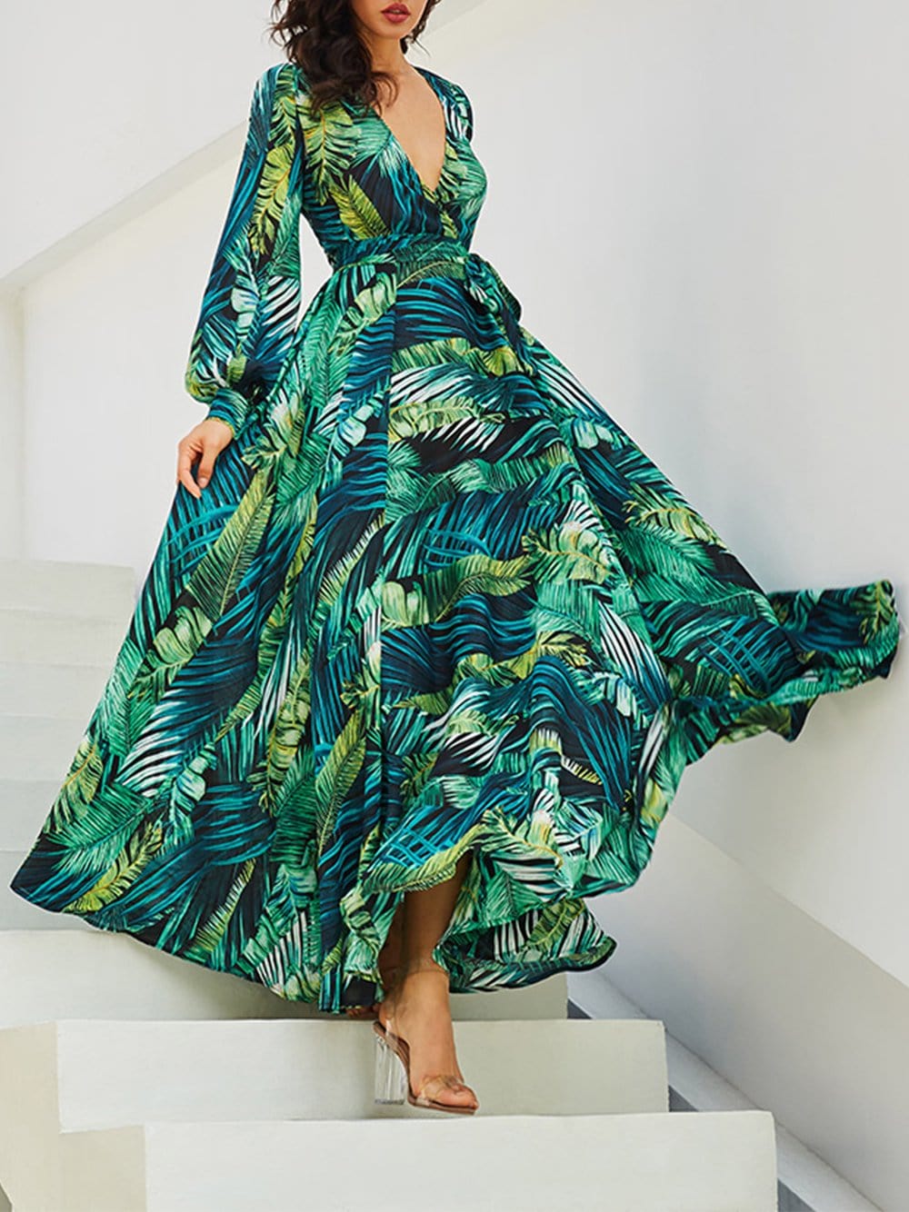 Tropical Leaf Print V-Neck Long Sleeve Maxi Dress 4