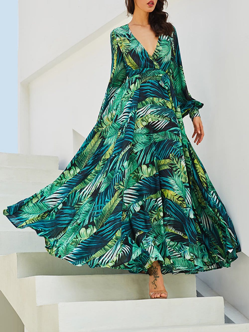 Tropical Leaf Print V-Neck Long Sleeve Maxi Dress 3