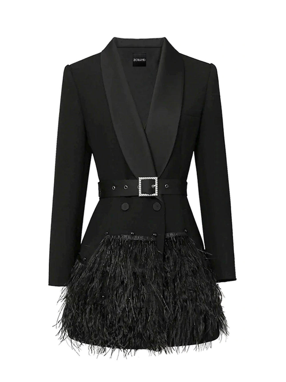 Satin Lapel Deep V Long Sleeve Feather Skirt Blazer Mini Dress 8