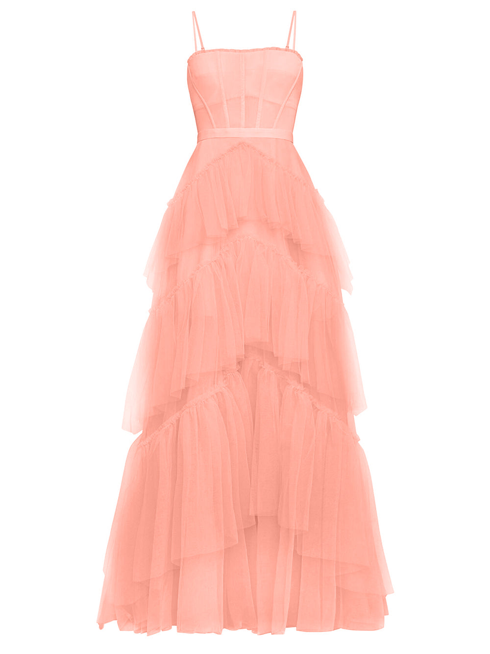Tulle Spaghetti Strap Corset Boned Bodice Diagonal Tier Maxi Gown