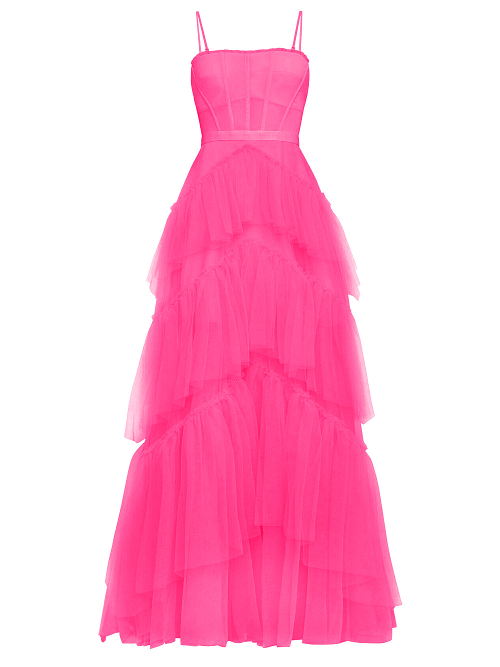 Spaghetti Strap Square Neck Corset Tiered Ruffle Tulle Maxi Gown