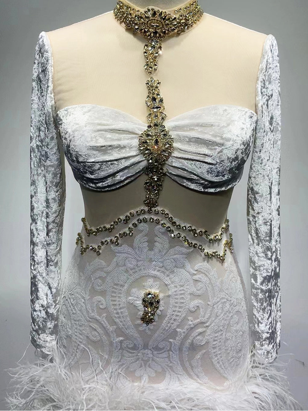 Crystal Embellished Feather-Hem Long-Sleeve Mini Dress 11